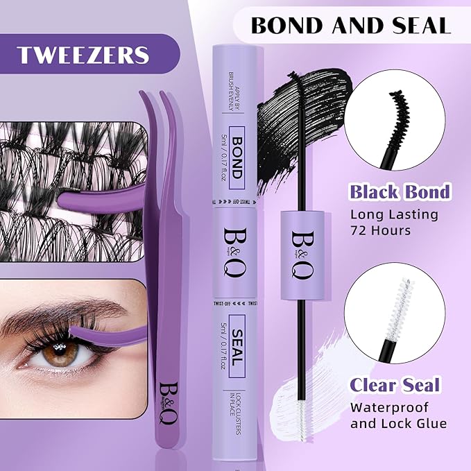 B&Q DIY Lash Extension Kit 280pcs Individual Lashes Cluster 40D C Curl Eyelash Extension Kit with Bond and Seal and Applicator Tool for Self Application (Set,40D-C-9-16MIX)