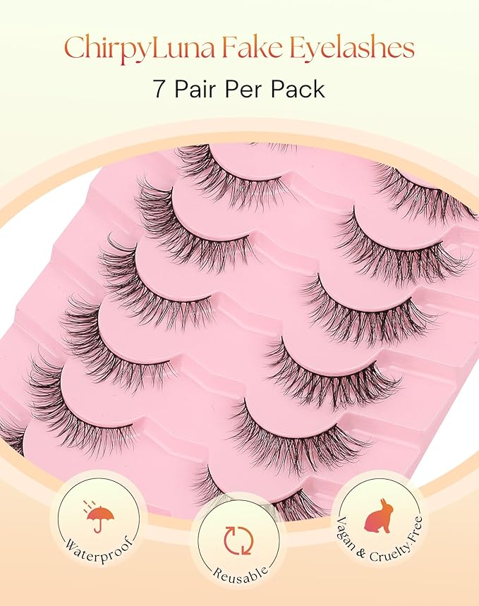Lashes Cat Eye 15MM Wispy Eyelashes Natural Lash Strips with 0.1MM Thin Band C Curl False Lashes Pack Cat Eyelashes 3D Volume ChirpyLuna Natural Eyelash Pack, 7 Pair