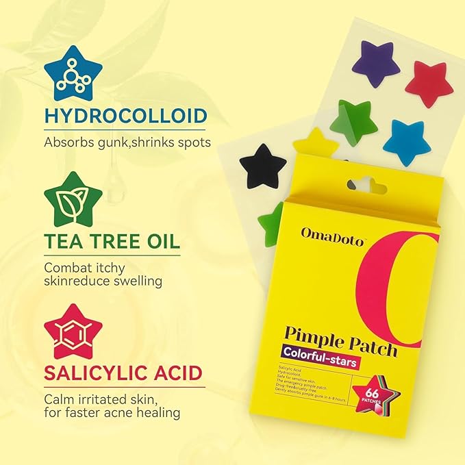 Star Pimple Patches for Face - 6 Colors 66Pcs (14mm) Hydrocolloid Spot Dots, Day & Night Blemish/Zit Healing Pimple Patches