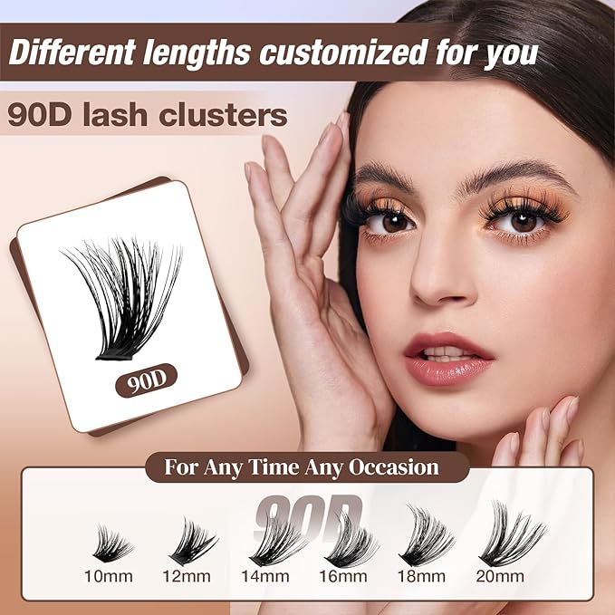 Lash Clusters Kit, DIY Cluster Eyelash Extensions 10‑20mm, 90D, 202pcs Fluffy D Curl Natural Lashes with Bond & Seal,Remover,Tweezers – Fake Cat Eye Individual Clusters