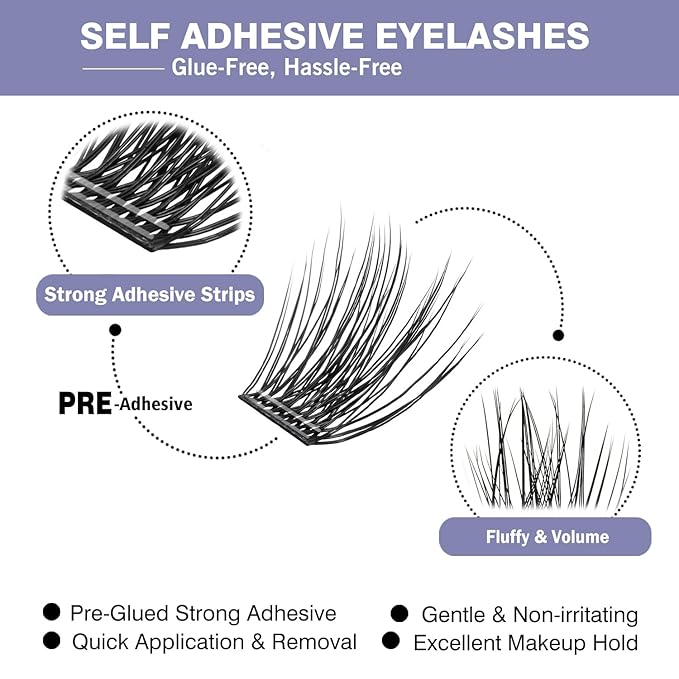 Self Adhesive Eyelashes, 156 PCS Self-Adhesive Lash Clusters – No Glue Needed, Dual-Row Sticky Strips, DIY Individual Lash Extensions, Soft Fluffy False Eyelashes (Fluffy-Mixed)
