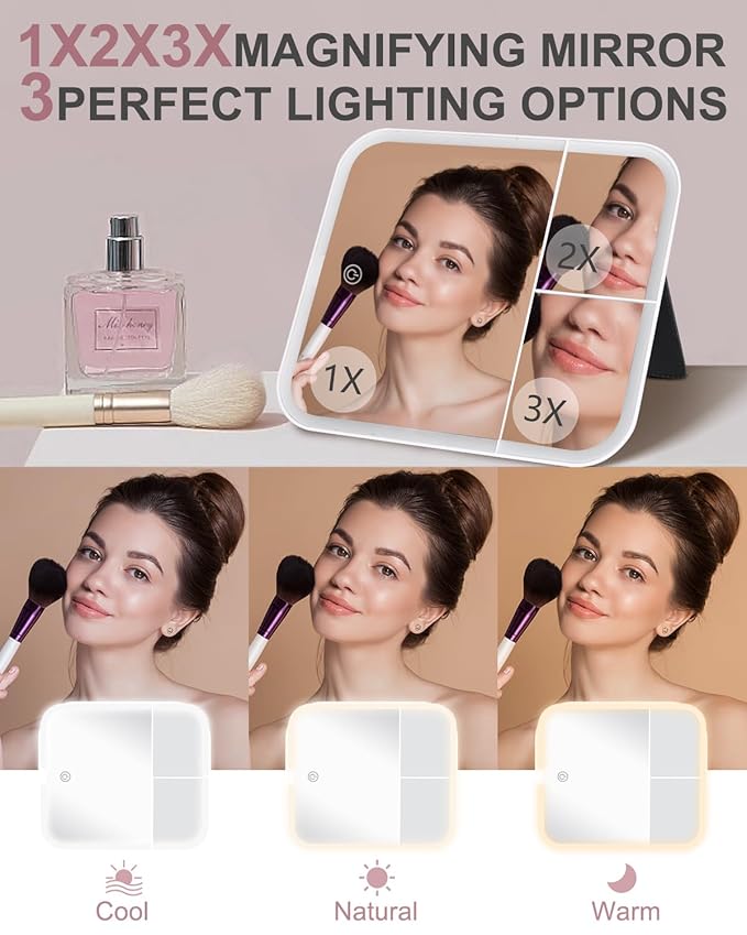 Makeup Bag with LED Lighted Mirror| Portable Makeup Organizer Train Case with 2X/3X Magnification & 3 Color Lights for Precision, Adjustable Brightness| Elegant Gift Packaging, Gift for Women, Black