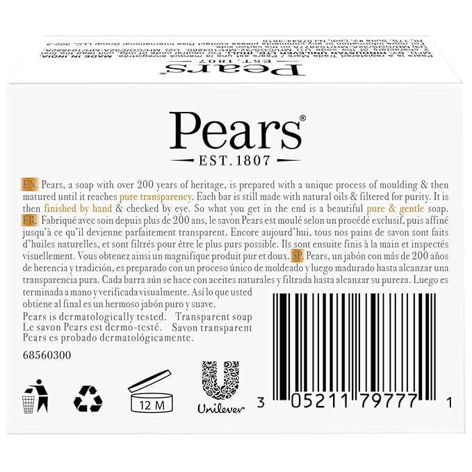 Pears Glycerin Soap, Transparent Amber with Natural Oils, 2-Pack – Pure & Gentle Cleanser for Soft, Glowing Skin, 3.53 Oz Ea