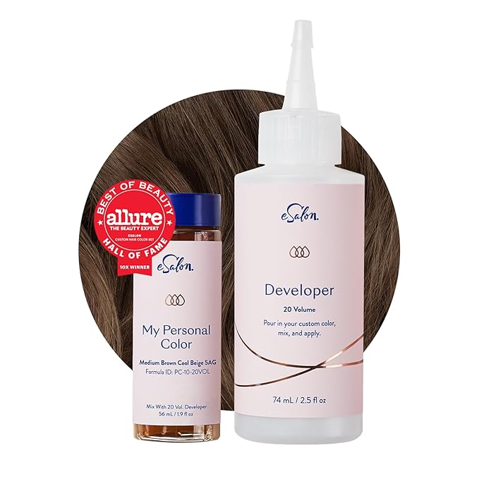 eSalon Permanent Hair Color & Hair Dye Complete Kit - Medium Brown Cool Beige - Personal Colorist Kit for Up To 100% Gray Coverage for All Hair Types - Professional-Grade Ammonia-Free Hair Dye