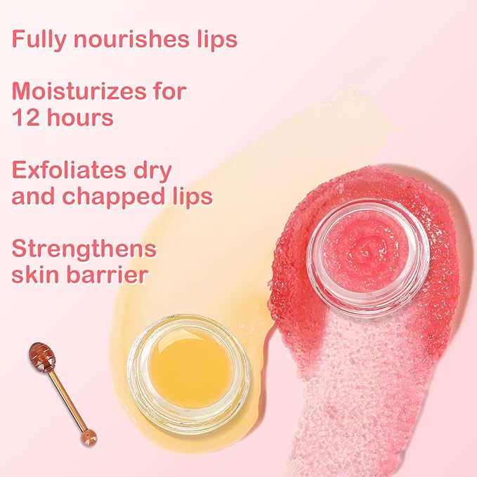 4 Pcs Bee Lip Balm Honey Pot Lip Mask & Lip Scrub Set, Honey Strawberry Watermelon Apple Lime Lip Mask Overnight, Moisturizing Sleeping Lip Mask, Hydrate Repair Prevent Dry Cracked Lip Care