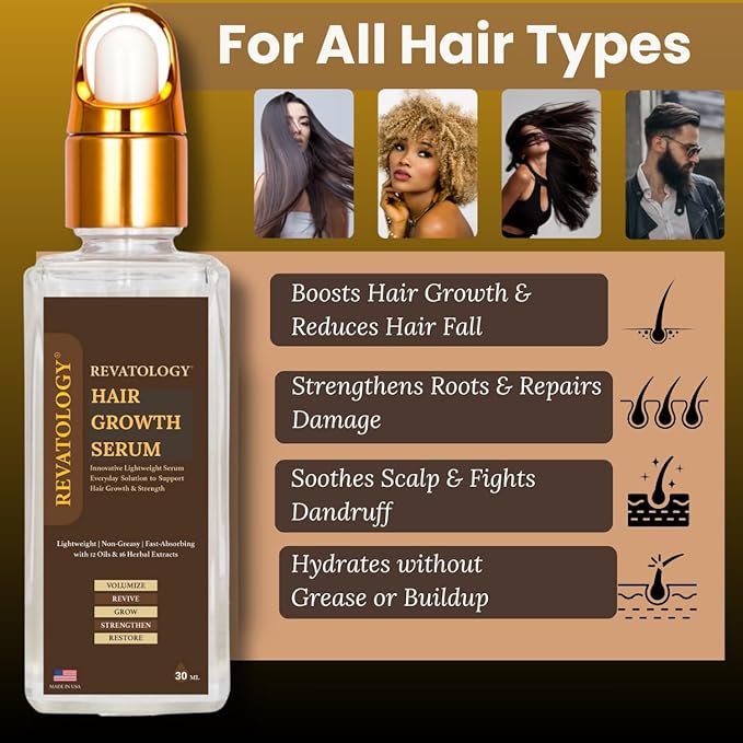REVATOLOGY Hair Growth Serum and Leave-in Conditioner for Adults (Made in USA) Daily Use Formula 30 Oils and Herbal extracts Boosts Regrowth & Strengthens Roots | Cruelty & Chemical Free