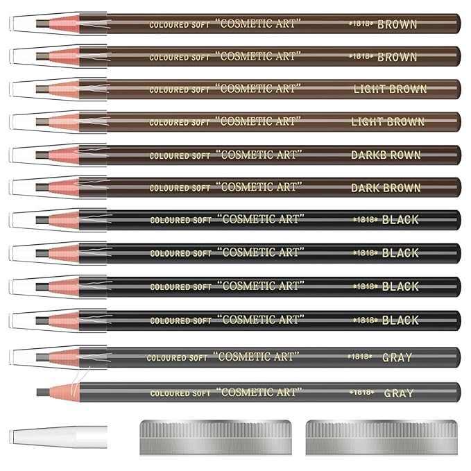 Eyebrow Pencils Brow Pencil Set For Marking, Filling And Outlining, Tattoo Makeup And Microblading Supplies Kit-Permanent Eye Brow Liners In, 12Pcs 5Colors(4Black6Brown2Gray）(Multicolor)