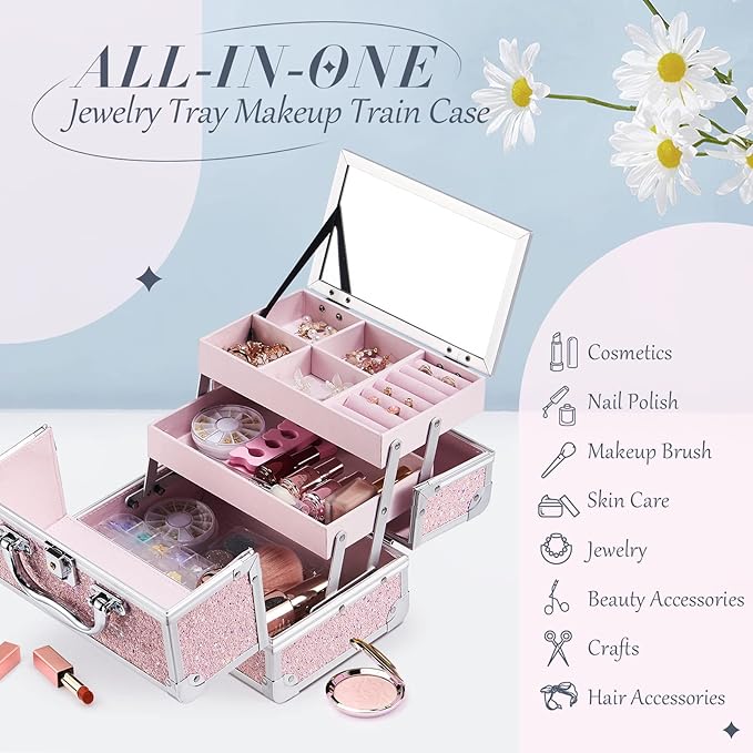 FRENESSA Makeup Case Organizer Portable Makeup Train Case Cosmetic Box with Mirror Jewerly Tray for Girls Nail Supplies Make Up Cases Organizers and Storage Kids Craft Case Pink