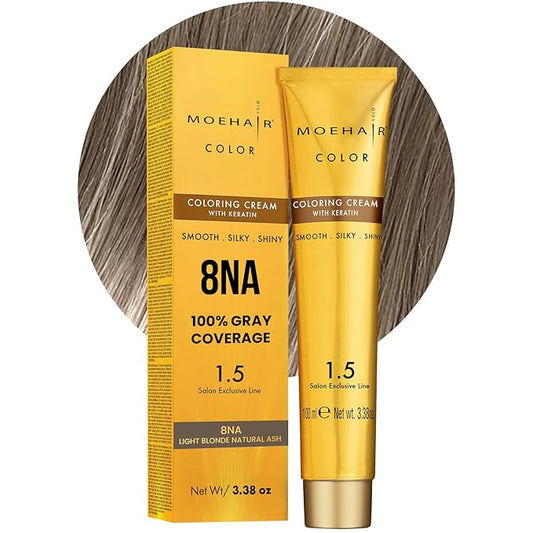 MOEHAIR 8NA Permanent Hair Color (Light Blonde Natural Ash) | Hair Color for 100% Gray Coverage | Infused with Keratin | Adds Shines & Smoothens Hair | Non-Drippy | Double Pigmented (3.38 Fl. Oz)
