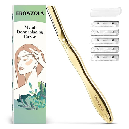 Eyebrow Razor for Women and Men, Face Razors for Women, Dermaplane Razor with Protective Silicone Cover, Reusable Metal Handle with 6 Refill Blades, Skin Care Tool, Gold