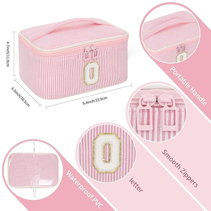 OCHEAL Makeup Bag for Women, Monogram Cosmetic Bag with Brush Holder, Pink Travel Makeup Case Beauty Toiletry Bag Organizer Personalized Gifts for Girls Bridesmaid, Sister, Wife, Friends Initial O
