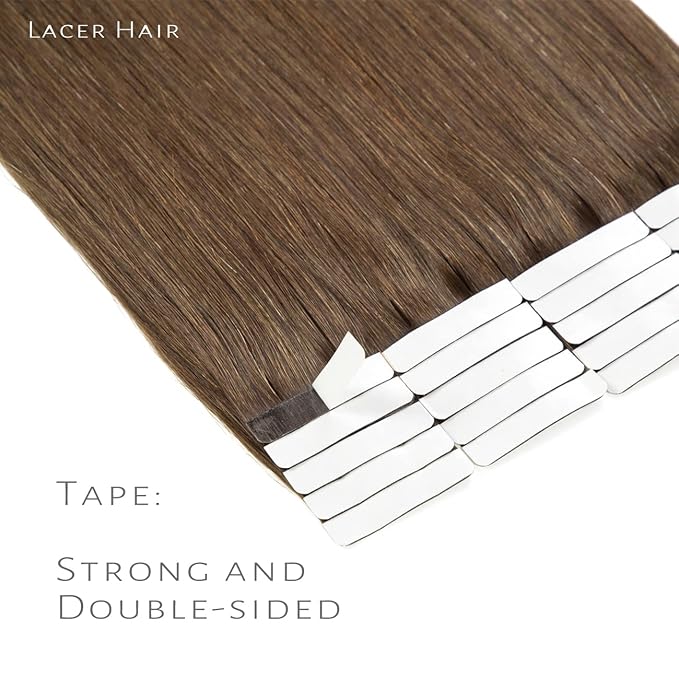 Lacer 16 inch Seamless Remy Tape in Human Hair Extensions Natural Balayage PU Skin Weft 100% Real Virgin Human Hair Color #4 Chocolate Brown Double Side 50g 20pcs/set