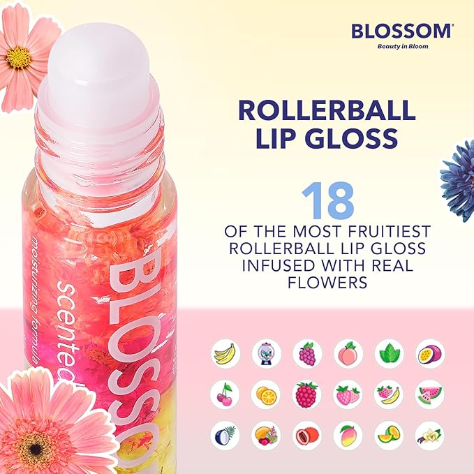 Blossom Scented Roll on Lip Gloss, Infused with Real Flowers, Made in USA, 0.3 fl. oz./9ml, 3 pack Gift Set, Candy Cane, Gingerbread, Sugar Cookie