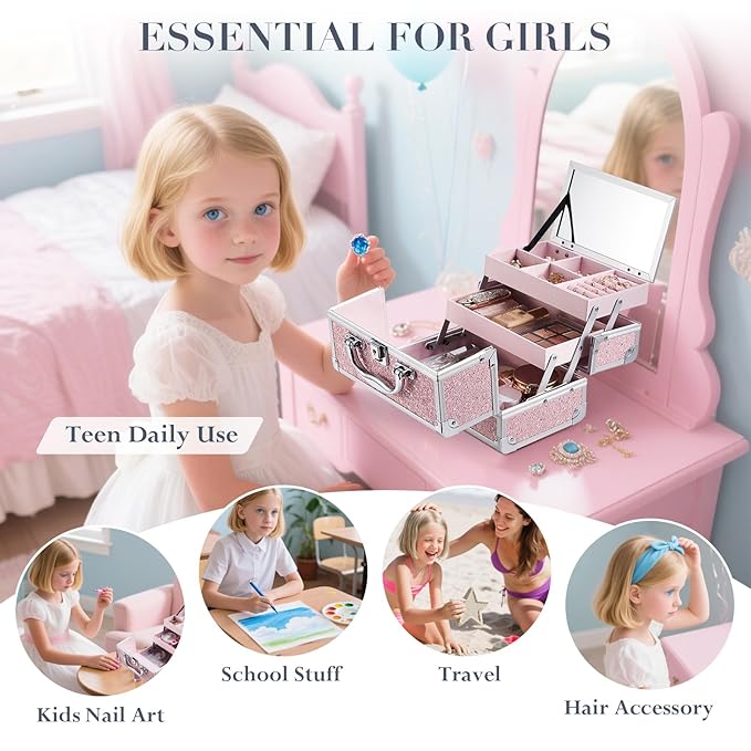 FRENESSA Makeup Case Organizer Portable Makeup Train Case Cosmetic Box with Mirror Jewerly Tray for Girls Nail Supplies Make Up Cases Organizers and Storage Kids Craft Case Pink