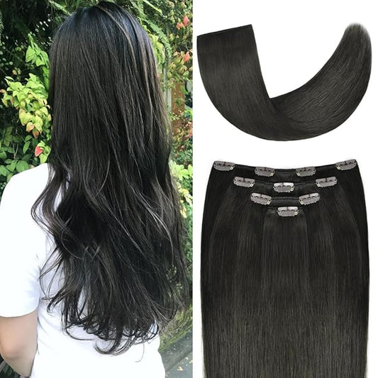 12" Clip in Hair Extensions Remy Human Hair for Women Beauty - Silky Straight Short Clip on Hair Pieces 50grams 4pieces Natural Black #1B Color