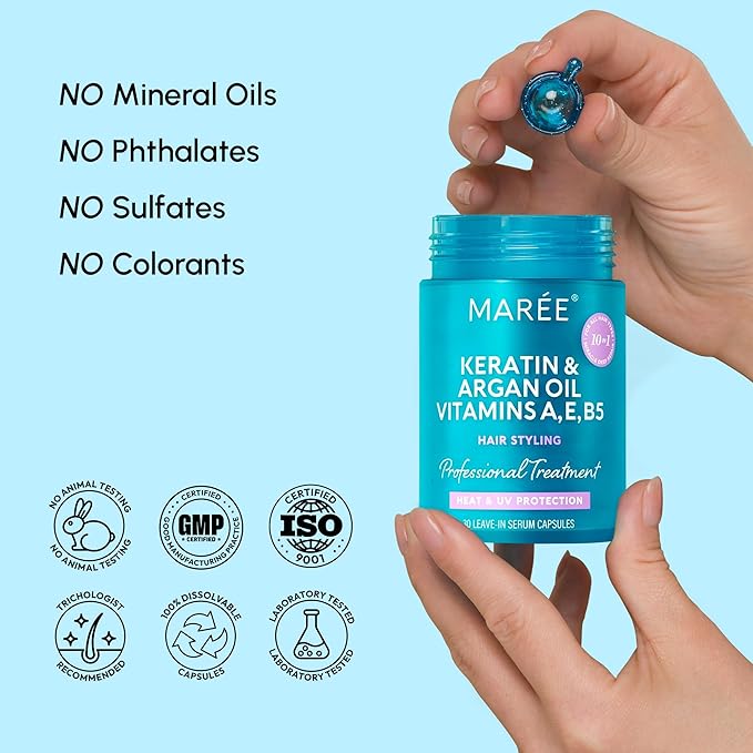 MAREE Hair Oil for Frizzy - Hair Vitamins Keratin Styling Capsules 2 PACK with Jojoba & Argan Oil - Anti Frizz Serum for Women - Frizzy, Damaged, Dry & Curly - Sérum Gotas & Aceite Para el Cabello