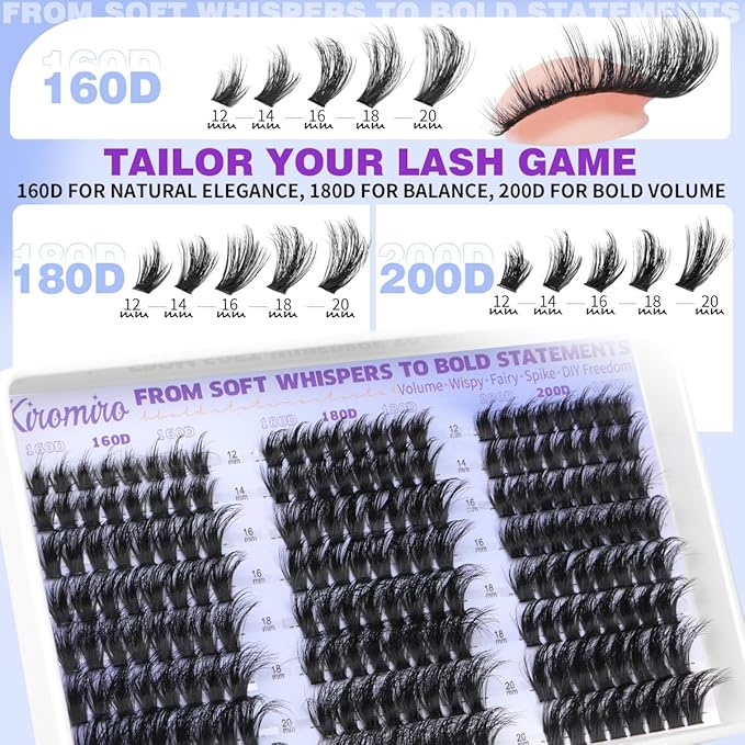 Kiromiro Lash Clusters with Spikes Cluster Eyelash Extensions 12-20mm Fluffy Eyelash Clusters 160D/180D/200D Mixed DIY Cluster Lash Extensions 192pcs Wispy Cluster Eyelashes
