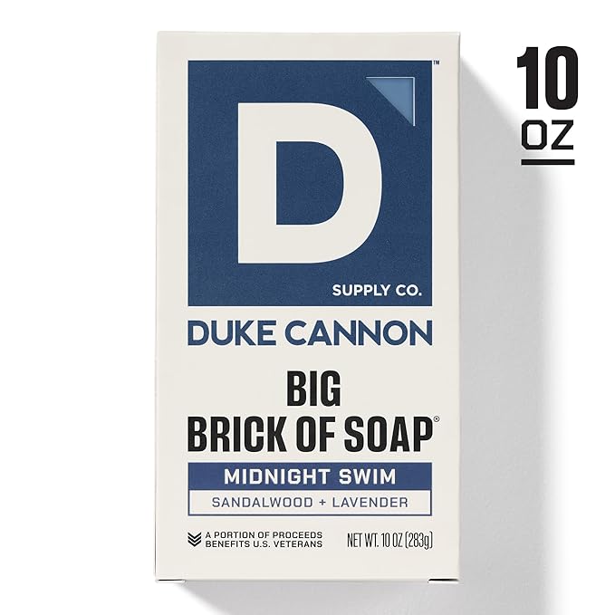 Duke Cannon Big Brick of Soap – Sandalwood + Lavender Scent – Large Triple-Milled Bar Soap for Men, Long-Lasting, Moisturizing with Natural Oils, Supports U.S. Veterans, Midnight Swim (10 oz.)