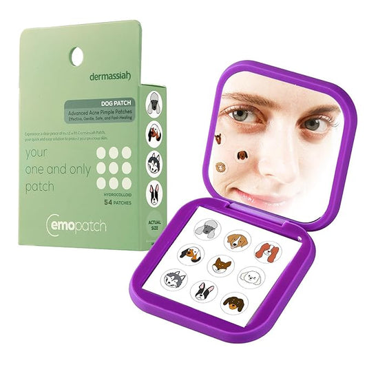 Acne Pimple Patches for Face 54 Count with Mirror Case for Day & Night Use - Hydrocolloid Pimple Pads, Emoji-Themed Blemish Dots, Clear Skin Treatment (Dog)