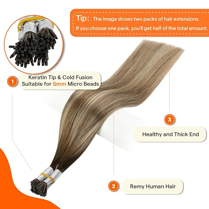Full Shine I Tip Extensions Remy Hair Color 3 Brown Fading to 8 Ash Brown and 22 Light Blonde Itip Human Hair Extensions 20 Inch Long Extensions add Length 50 Grams