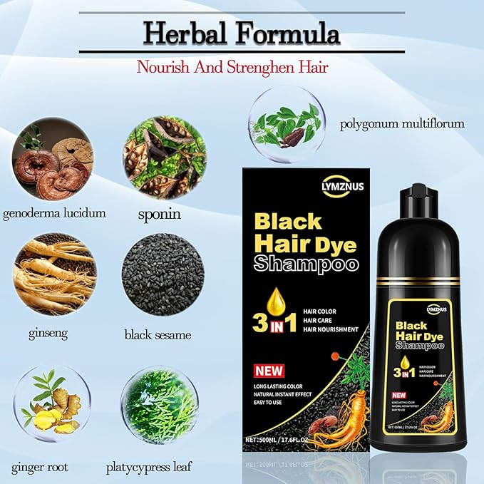 Black Hair Color Shampoo for Gray Coverage - New Upgrade 3-in-1 Herbal Long-Lasting Formula for Women & Men