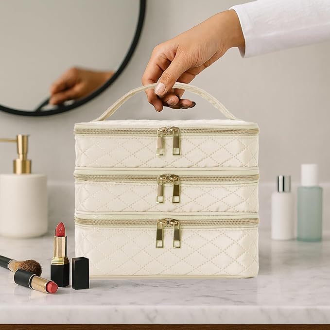 Travel Makeup Bag for Women Three Layer Large Cosmetic Case Water-resistant Toiletry Bag Organizer for Store Toiletries Cosmetic Accessories and Manicure Sets Khaki