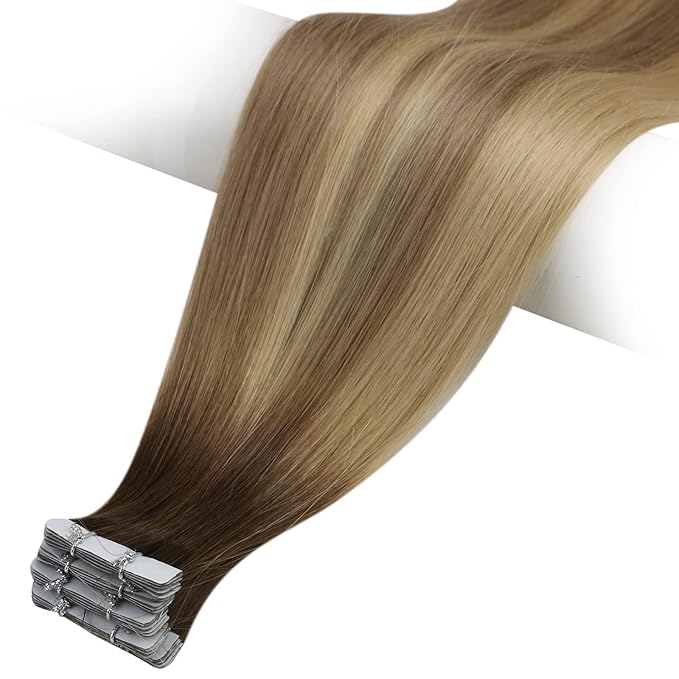 Full Shine Injected Tape in Hair Extensions 5Pcs 18 Inch Virgin Injection Tape in Extensions Color 3 Brown Fading to 8 Ash Brown And 22 Blonde Unprocessed Seamless Tapes in Human Hair 12.5 Gram
