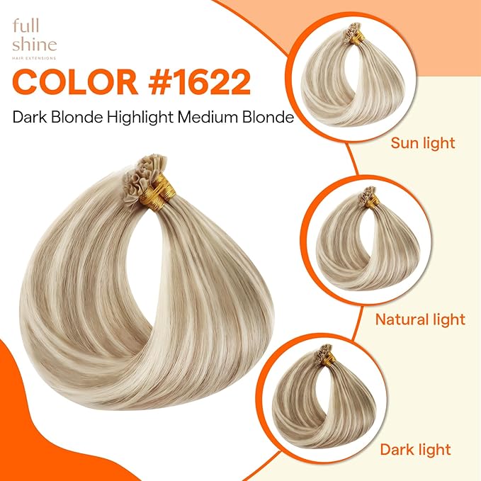 Full Shine U Tip Hair Extensions Human Hair Blonde Highlighted Utip Human Hair Extensions 14 Inch Keratin Tip Extensions 40 Grams Fusion Extensions Remy Hair for Women