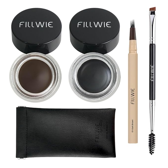 Eyebrow Pomade Stamp 2 - Pack, Microblading 4 Tip Liquid Eyebrow Pen, Eye brow Kit with Angled Spoolie Brush and PU Pouch for Travel (DarkBrown+Black)