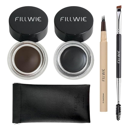 Eyebrow Pomade Stamp 2 - Pack, Microblading 4 Tip Liquid Eyebrow Pen, Eye brow Kit with Angled Spoolie Brush and PU Pouch for Travel (DarkBrown+Black)