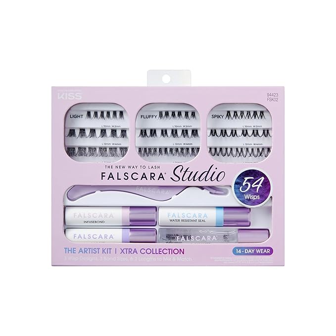 FALSCARA STUDIO Lash Extension Kit, 54 Stackable Lash Clusters, Medium Volume, 10mm-14mm, ‘Xtra’, False Eyelashes, InfuseBond, Water-Resistant Seal, BondBoost, Hydro Cleanser, Applicator
