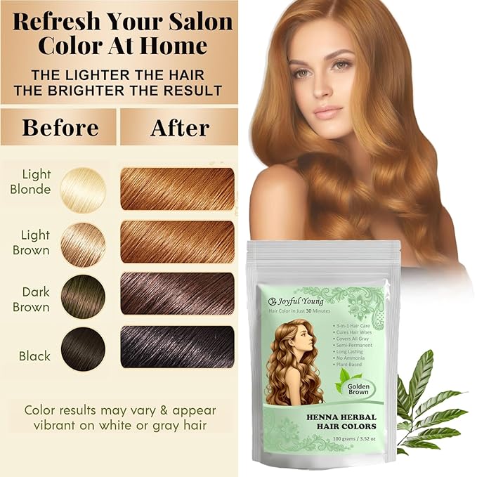 3IN1 Henna Hair Color - 30 Min Fast Herbal Hair Dye for Gray Coverage, Conditioning & Hair Treatment - No Ammonia, Semi-Permanent, Plant-Based (GOLDEN BROWN)