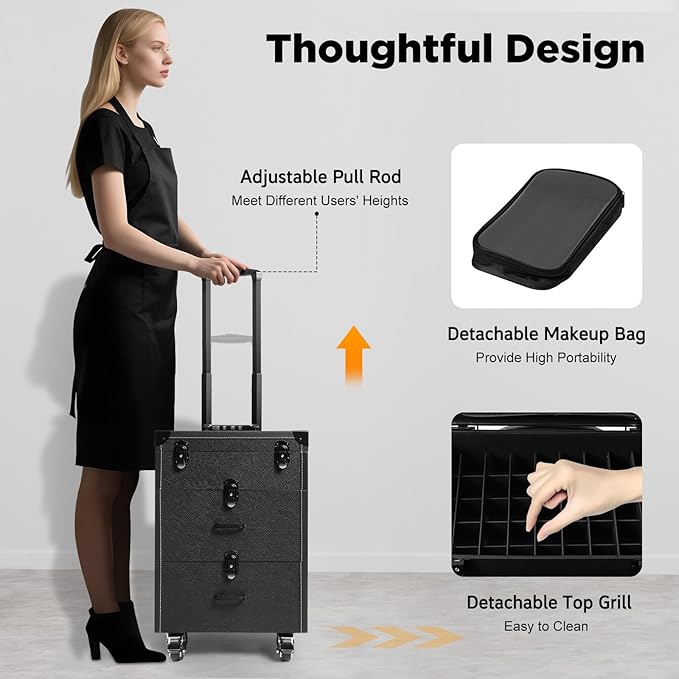 Makeup Train Case, Rolling Makeup Trolley Case, 3 Tiers Lockable Nail Polish Organizer with 2 Keys 4 Wheels (2 with Brakes) for Travel Makeup Artists Nail Technicians (Black Case, Black Lock)