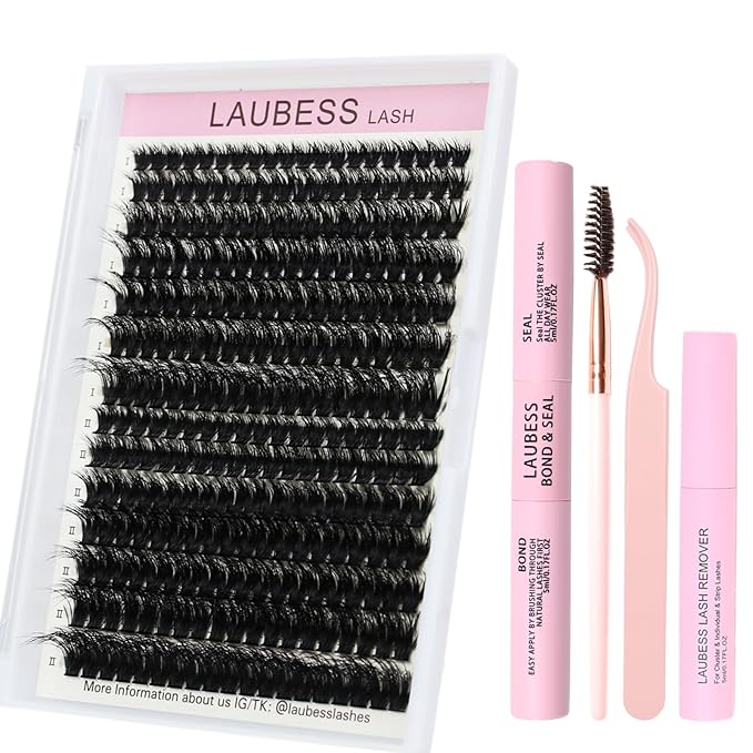 Lash Extension Kit LAUBESS Lash Clusters Kit Cluster Eyelash Extensions Kit Eyelash Clusters Lash Bond and Seal Waterproof Tweezers Brush Lash Glue Remover (Kit 60D/80D-D-Mix8-18(3D)