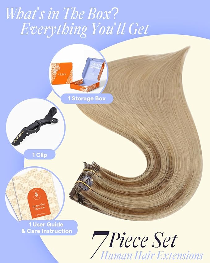 Full Shine Clip in Hair Extensions Real Human Hair Balayage Thick Hair Extensions Golden Brown to Dark Blonde Remy Hair Clip in Extensions Double Weft 7 Pcs 18 Inch 135 G