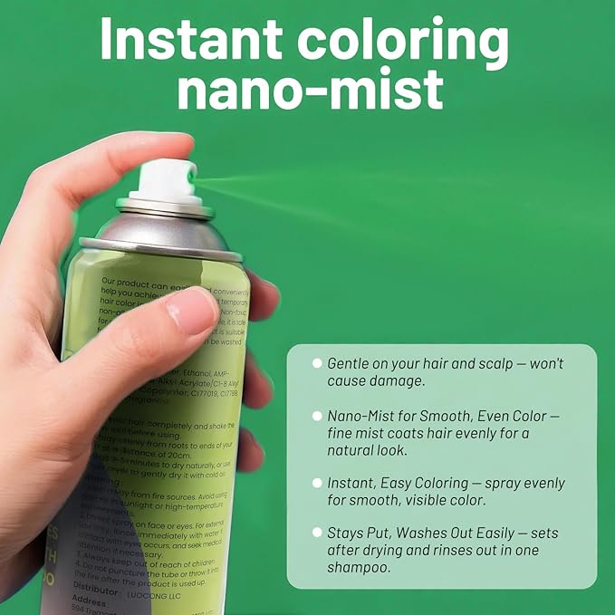 Green Hair Spray, Temporary Hair Color Spray for Women Men– Safe Non Sticky Washable One Day Hair Dye Spray, Disposable Accessories Included, for Halloween Cosplay Party DIY Costume Pet Fun