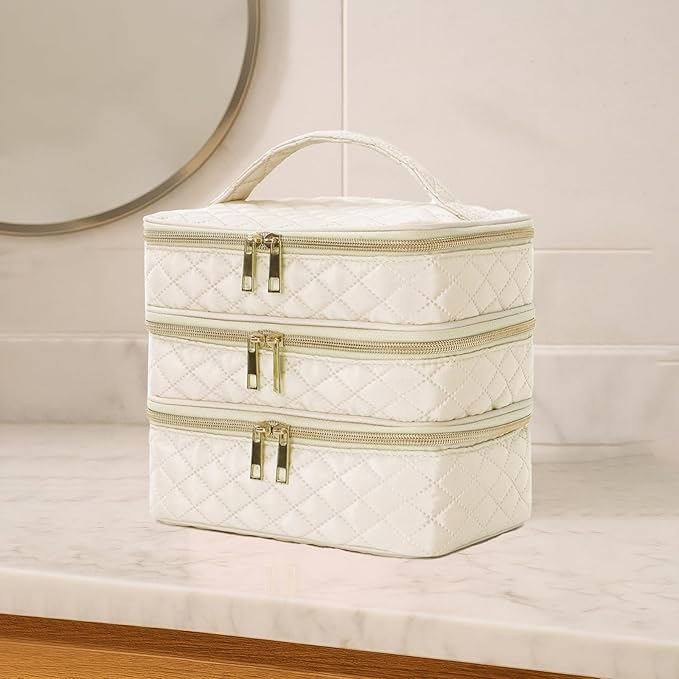 Travel Makeup Bag for Women Three Layer Large Cosmetic Case Water-resistant Toiletry Bag Organizer for Store Toiletries Cosmetic Accessories and Manicure Sets Khaki
