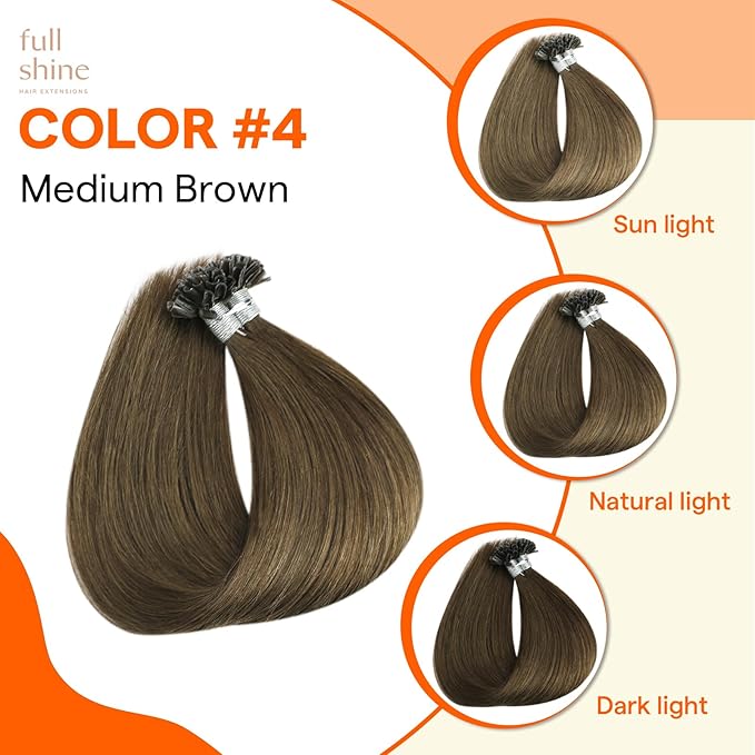 Full Shine K Tip Hair Extensions Real Human Hair Color 4 Medium Brown 18 Inch Long Straight Utip Extensions 50 Grams Glue in Hair Extensions Remy Hair
