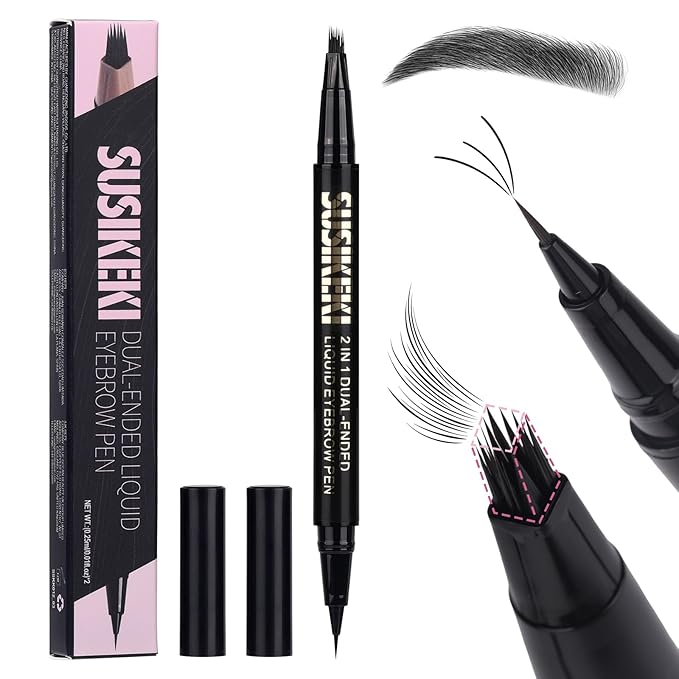 Dual Ended Microblading Eyebrow Pen - 2 in 1 Liquid Eyebrow Pencil with Brow-Fection Angled Brush & Precise Detail Brush-Tip, Shapes & Fills HairLike Looking Brows, Lasts All-Day, Soft Black