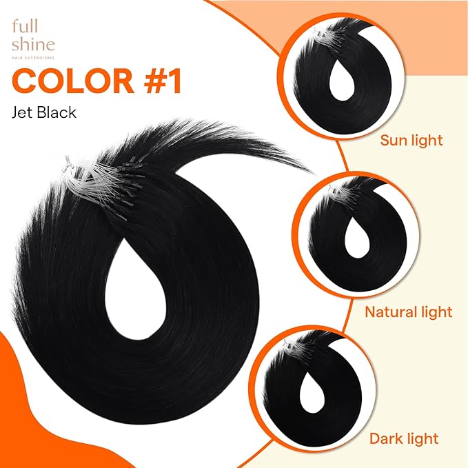 Full Shine Micro Bead Hair Extensions Human Hair 16 Inch 50 Grams Black Microlink Hair Extensions Real Human Hair for Women Prebonded Extensions Soft Human Hair