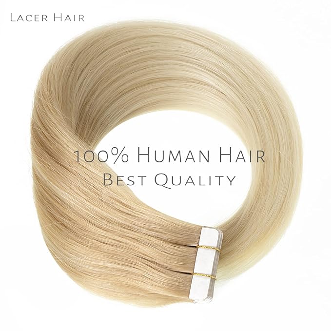 Lacer Tape in Hair Extensions Human Hair Straight Balayage Light Ash Blonde to Platinum Blonde PU Double Weft Tape in Real Human Hair Extensions 20 Inches 50grams