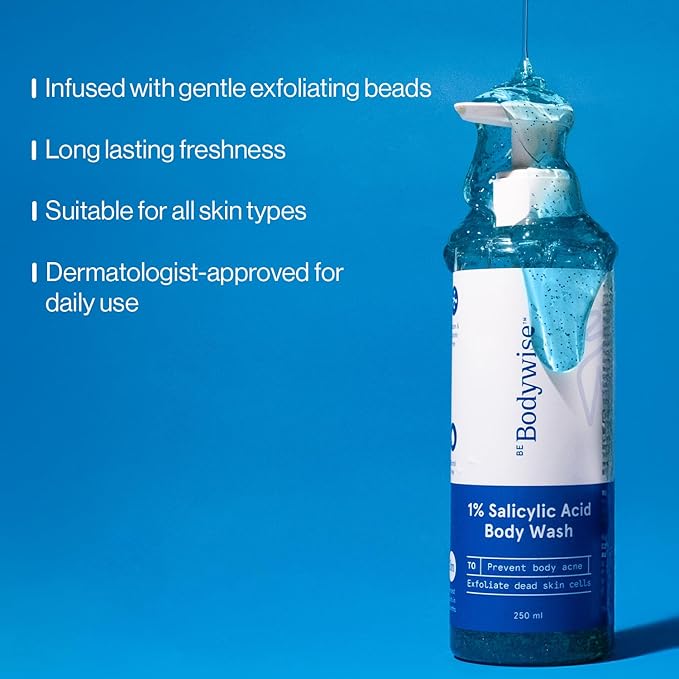 Bodywise Be Body Wash. Prevents Body Acne, Strawberry Skin. Has 1% Salicylic Acid. Deep Moisture, Fresh Scent. Paraben Free, Suphate Free. 8.45 Fl Oz