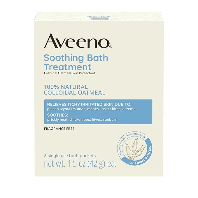 Aveeno Fragrance-Free Soothing Bath Treatment & Soak for Soothing Relief, 100% Natural Colloidal Oatmeal, Relieves Itchy, Irritated Skin Due to Eczema, 8 Single-Use Bath Packets