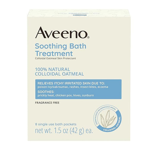 Aveeno Fragrance-Free Soothing Bath Treatment & Soak for Soothing Relief, 100% Natural Colloidal Oatmeal, Relieves Itchy, Irritated Skin Due to Eczema, 8 Single-Use Bath Packets