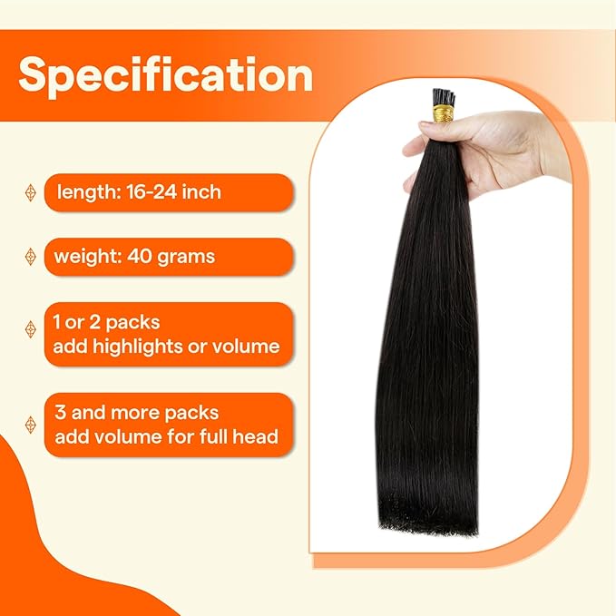 Full Shine I Tip Hair Extensions Real Human Hair 24 Inch Natural Black 40 Grams Itip Human Hair Extensions Straight Long Hair for Women add Length Prebonded Cold Fusion Extensions