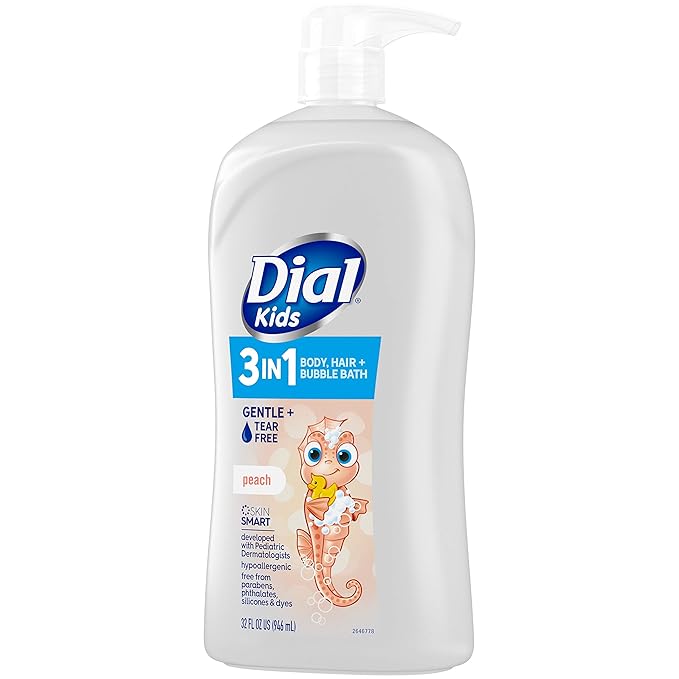 Dial Kids All-in-1 Body + Hair + Bubble Bath, Peach Scent, 32 Fl Oz, Hypoallergenic Body Wash & Shampoo, No Tears Formula for Kids 2+ Years, No Parabens & Silicones