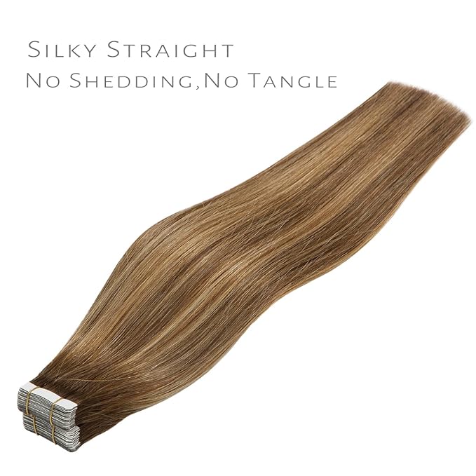 Lacer Tape in Hair Extensions Real Human Hair 20 Pieces 50 Grams Chocolate Brown to Strawberry Blonde Highlights with Chocolate Brown Roots R#4-4/27 22 Inches