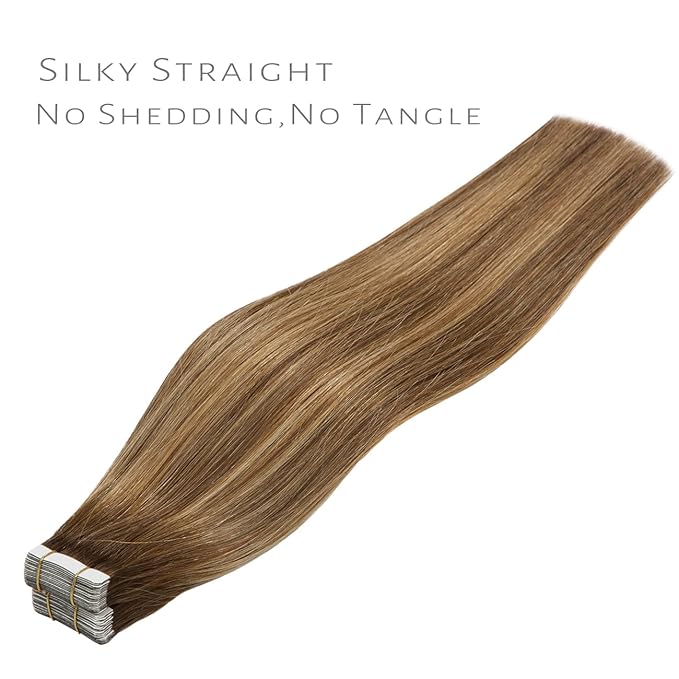 Lacer Human Hair Extensions Tape in 100 Grams 40 Pieces Natural Straight Chocolate Brown to Strawberry Blonde Highlights Color Tape in Hair Extensions R#4-4/27 20 Inches