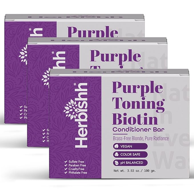Herbishh Purple Toning Conditioner Bar for Blonde, Silver & Gray Hair, Neutralizes Brassiness, Adds Shine & Moisture, Biotin Conditioner Bar, Sulfate-Free, 3.53 oz Pack of 3
