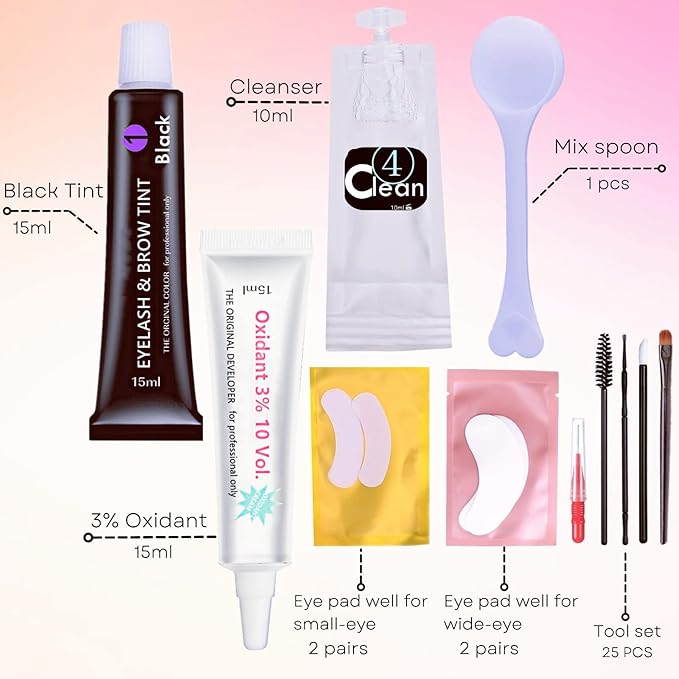 Black Lash T-i-n-t Kit, Keratin Black Eyelash D-y-e and Eyebrow T-i n t, 6 Week Voluminous Brow T-int, T-inting Look For Lash Perm/Lift/Lamination Treatment Dark Eyelash T-int Kit Only